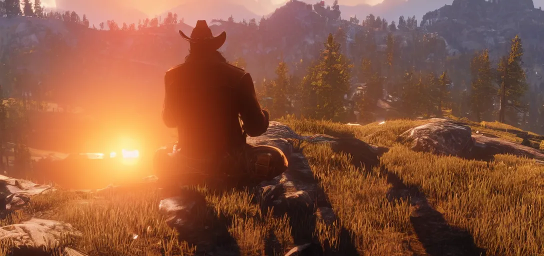 Image similar to Arthur Morgan from Red Dead Redemption 2 sitting at the top of a rocky mountain looking at a beautiful sunrise in the distance