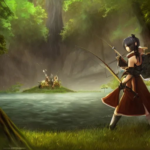 Prompt: ffxiv's y'shtola fishing in the forest at dawn, illustration, trending on art station