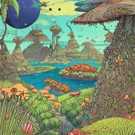 Prompt: the landscape of an alien planet with strange plants and animals. Hand drawing in the style of Miyazaki. Beautiful and colorful.