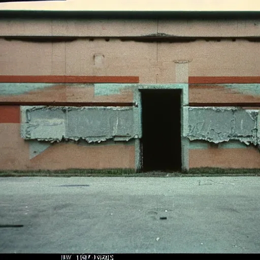 Image similar to brutalist buildings, rundown buildings, orwellian dystopia, totalitarian murals on building walls, hooligans with shaggy hair and blue suits, 1 9 7 1 cinematic, 8 mm photo lens, kodak