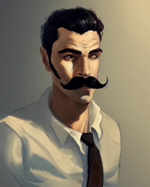 Prompt: a portrait of a male vintage thief with mustache by Cedric Peyravernay