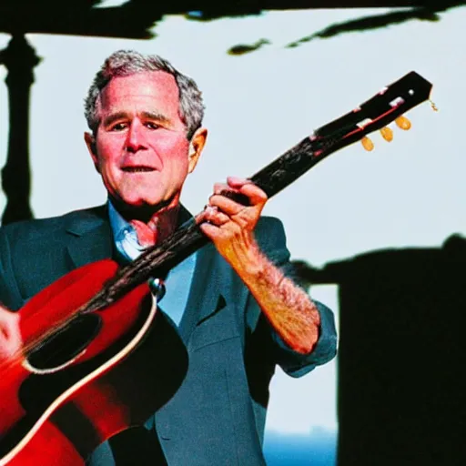 Image similar to george bush as a rockstar performing at his concert, award winning concert photography