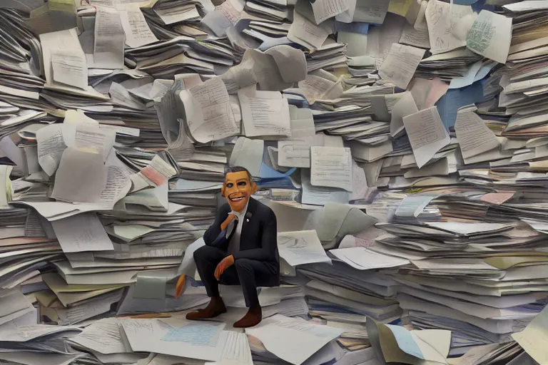 Image similar to obama nervously standing by a mountain of papers, still from a pixar movie, high quality 3 d render, movie, pixar, renderman, 4 k, artstation