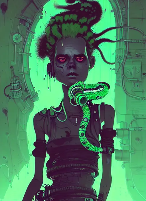 Prompt: highly detailed portrait of an moody wasteland punk long dripping green poison hair tribal lady, stray wirey rubber hoses by atey ghailan, james gilleard, by joe fenton, by greg rutkowski, by greg tocchini, by kaethe butcher, 4 k resolution, gradient purple, brown black and white color scheme!!! ( ( green flaming robotic sewer background ) )