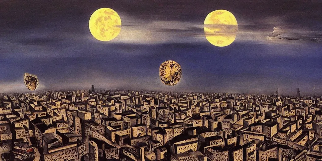 Image similar to love and fear in tehran skyline in a winter night, a full moon in the sky, surreal painting by salvador dali,