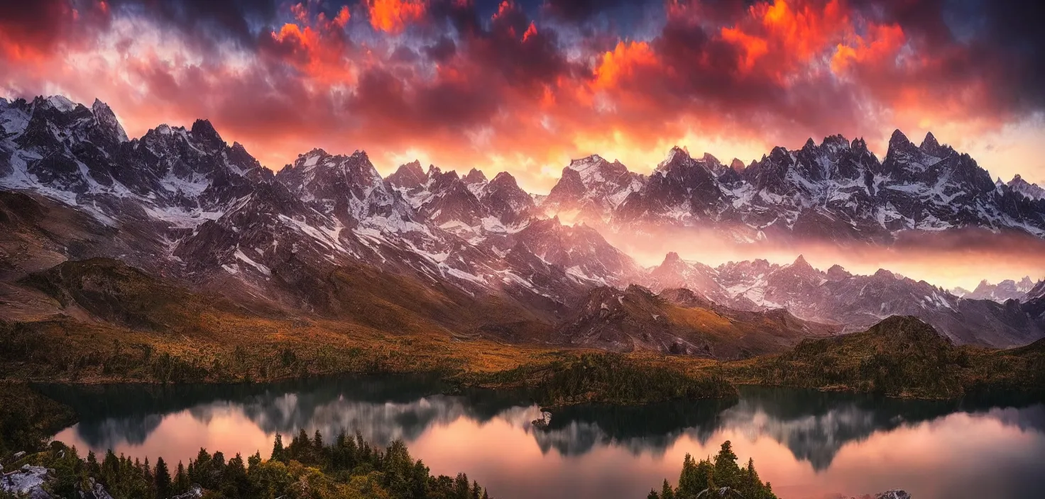 Image similar to amazing landscape photo of mountains with lake in sunset by marc adamus, beautiful dramatic lighting