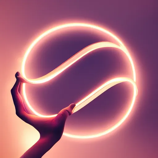 Image similar to a floating glowing infinity symbol above someone's hands, cinematic, fantasy octane render 8 k postproduction