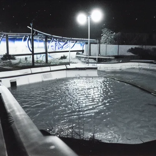 Image similar to a photo of an abandoned water park from the 1 9 9 0 s at night, disposable film