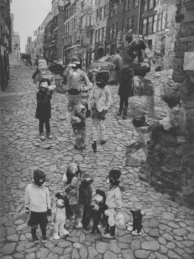 Prompt: three kids on the bottom center of the frame wearing vintage animal masks, standing in the middle of a cobble stone street in brooklyn, the lighting is godly and soft, whimsical, disney concept art style