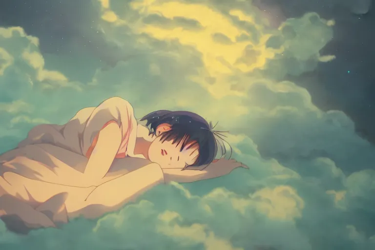 Image similar to a cute anime girl sleeping on a cloud, misty, glows, by studio ghibli, anime, hazy, foggy, ambient lighting, 8 k, neon, synthwave,