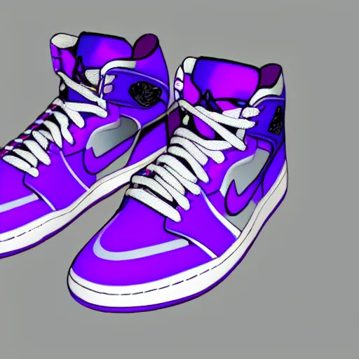 Prompt: nike air jordans, high tops, plain purple background, 3 d, render, realistic