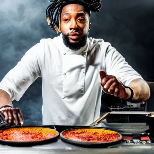 Image similar to curtis roads as a drill rapper cooking up in the studio, high quality press photo