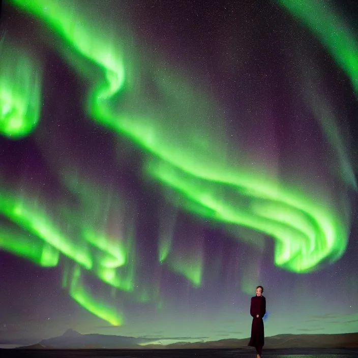 Prompt: closeup portrait of a woman wrapped in iridescent foil, standing in stewart island in new zealand, aurora australis southern lights in background, color photograph, by vincent desiderio, canon eos c 3 0 0, ƒ 1. 8, 3 5 mm, 8 k, medium - format print