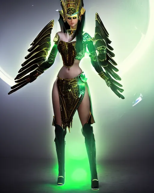 Prompt: attractive android egyptian queen wearing white dove wings, warframe armor, regal, attractive, ornate, sultry, sexy, steamy, elize theron, pretty face, green eyes, scifi platform, 4 k, ultra realistic, epic lighting, illuminated, cinematic, black gold, art by akihito tsukushi, voidstar