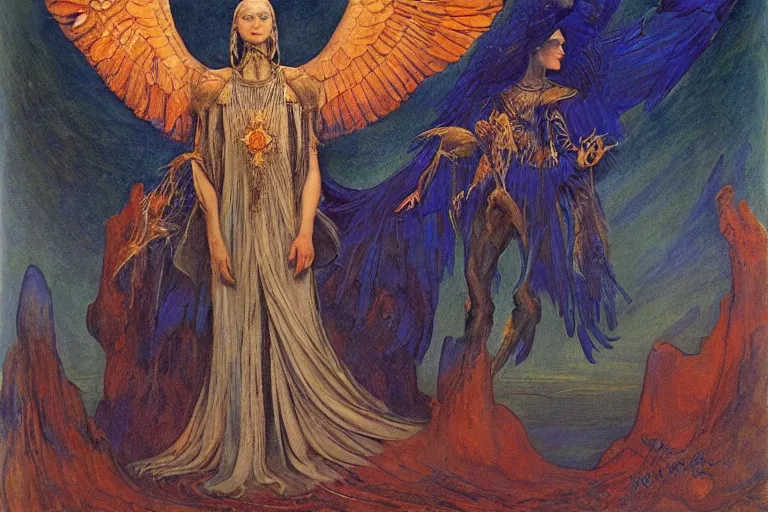 Image similar to coronation of the raven, by Annie Swynnerton and jean delville and Nicholas Roerich, bioluminescent skin!, elaborate costume, geometric ornament, symbolist, rich colors, dramatic lighting, smooth, sharp focus, extremely detailed
