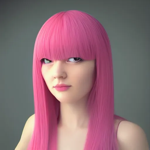 Image similar to A 3d cgi toon young woman with long pink hair, full bangs, amber eyes, pale skin, Chinese, medium shot, mid-shot, soft focus