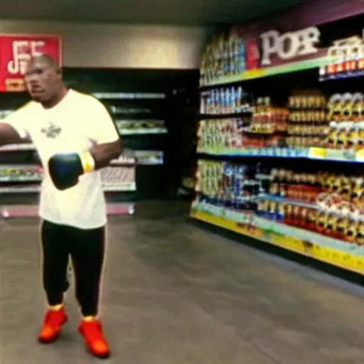 Image similar to CCTV footage of Mike Tyson boxing a Pigeon in a grocery store