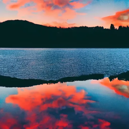 Prompt: sunset above blue lake, beautiful landscape, high detail, instagram photo, professional dslr photo, creative composition, beautiful composition