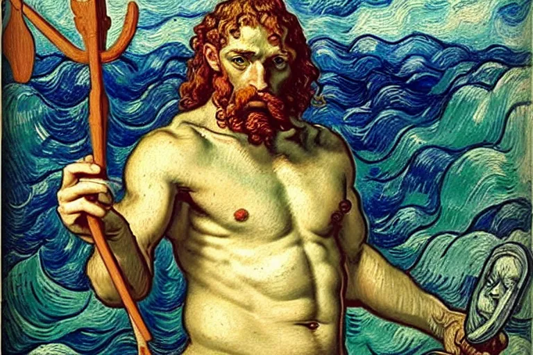 Prompt: hyperrealistic renaissance oil painting of greek god poseidon taking a selfie of himself underwater holding a go pro look king confused holding his trident, highly detailed and intricate by vincent vang gogh and billy butcher