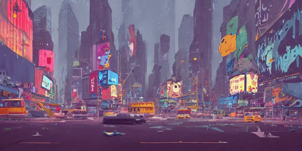 Prompt: cute cartoon striped monster in Times Square at night by Goro Fujita and Simon Stalenhag , 8k, trending on artstation, hyper detailed, cinematic,snowing