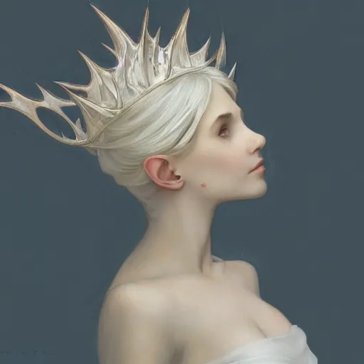 Prompt: portrait of gorgeous elf, thorn crown, thorn background, small ears, white silk dress, headshot, pale skin, 4k, rule of thirds, extreme detail, detailed drawing, trending artstation, hd, fantasy, D&D, realistic lighting, by Alphonse Mucha, Greg Rutkowski, sharp focus, backlit, bright white hair, elegant