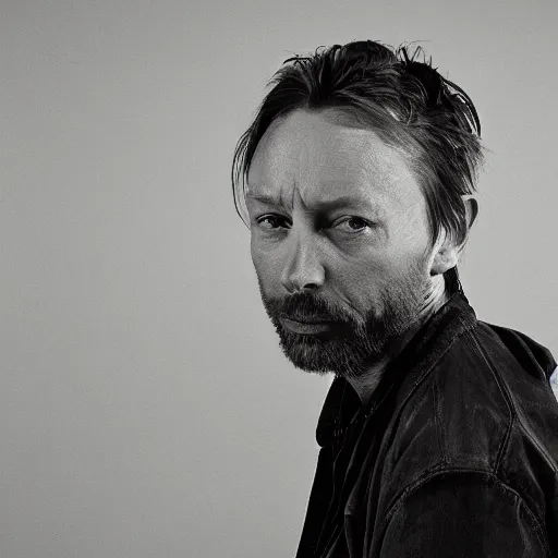 Image similar to Thom Yorke, a man with a beard and a black jacket, a portrait by John E. Berninger, dribble, neo-expressionism, uhd image, studio portrait, 1990s