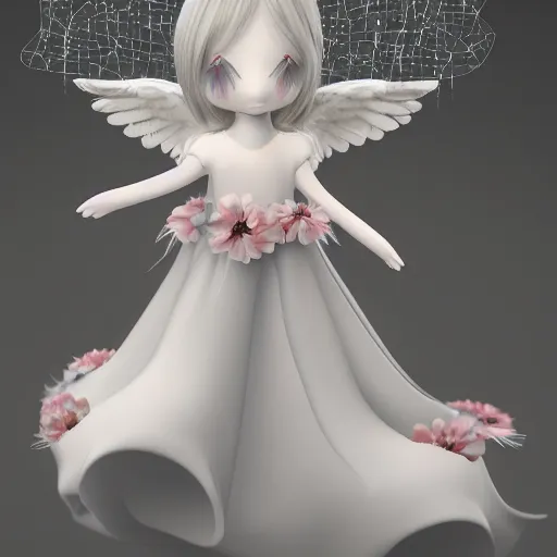 Prompt: cute fumo plush of a divine angel, gothic maiden, ribbons and flowers, ruffled wings, feathers raining, particle simulation, clouds, vray