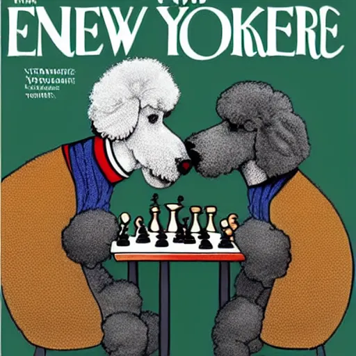 Image similar to two elderly poodles wearing sweater vests playing chess in the style of a New Yorker magazine cover