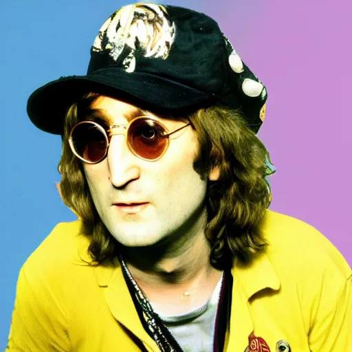 Image similar to John Lennon dressed as a rapper from the 90s, HD, high resolution, intricate detail