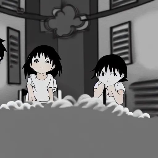 Image similar to black and white toddlers playing. anime style, environmental art animation background, studio ghibli, makoto shinkai