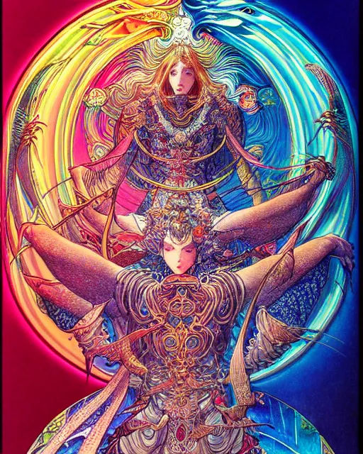 Image similar to hyper detailed illustration of the god of light, prismatic, kami, intricate linework, lighting poster by moebius, ayami kojima, 90's anime, retro fantasy