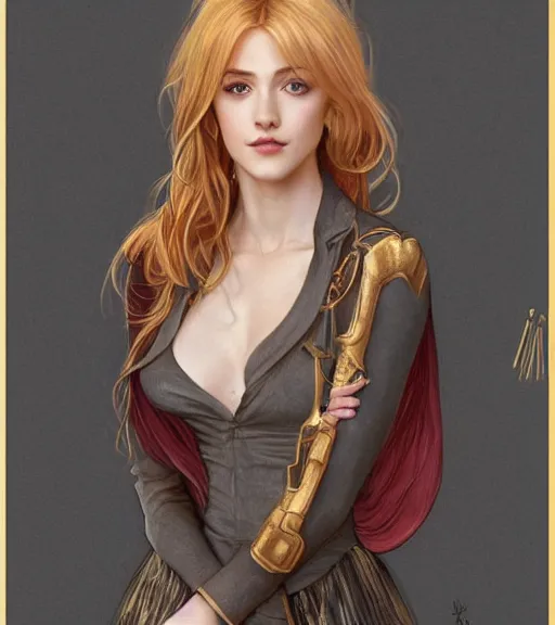 Image similar to katherine mcnamara wearing a golden dress, grey hair, red necktie, cinematic, stunning, highly detailed, digital painting, artstation, smooth, hard focus, full body shot, illustration, art by artgerm and greg rutkowski and alphonse mucha