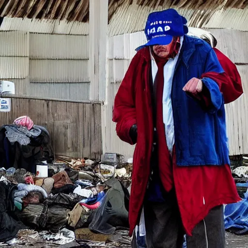 Image similar to donald trump dressed as a homeless man living in the slums