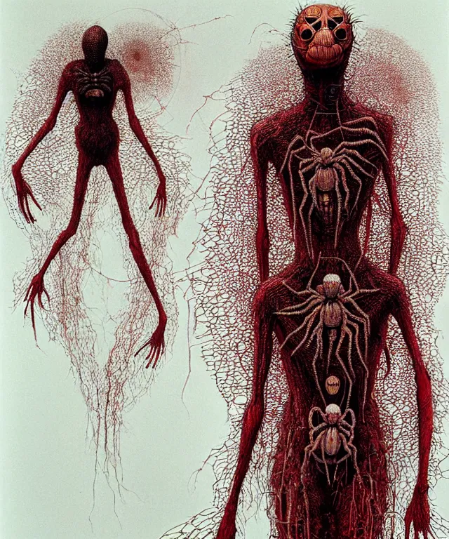 Image similar to a woman standing all covered in spiders, incredible number of spiders. extremely high details, many spider eyes, realistic, horror, creepy, web, masterpiece, art by hermann nitsch, zdzislaw beksinski, dariusz zawadzki, giger, dragan bibin, ed binkley