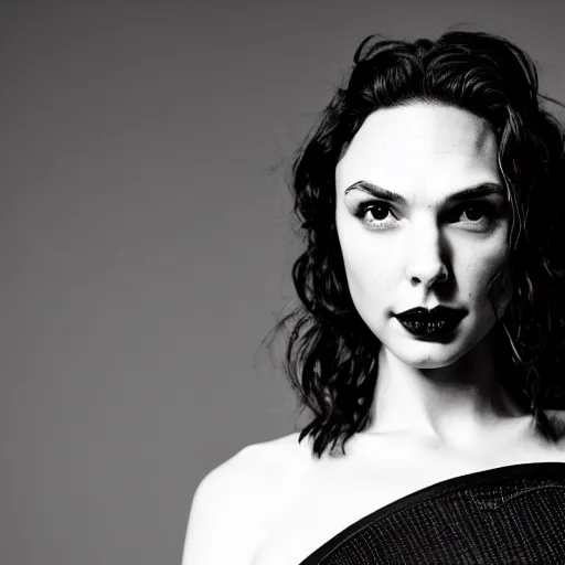 Image similar to gal gadot as a goth woman, eye piercings, close up shot, black hair on right half, white hair on left half, pale skin, sensual, beautiful soft light failling on her face, studio photography, nikon 3 5 mm portrait photography, ultra realistic