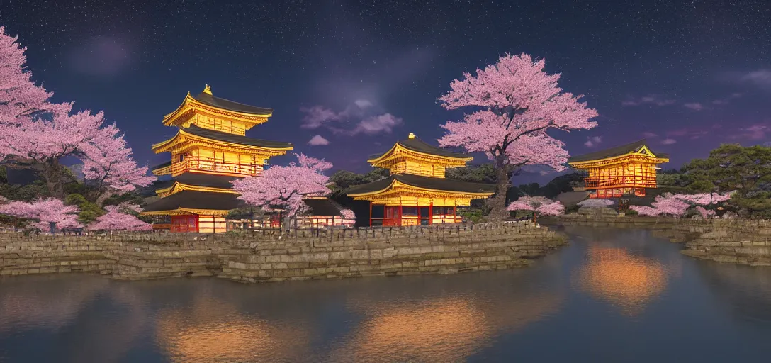 Image similar to very beautiful view of an ancient japanese city at night, large temples with glowing windows, glowing cherry blossom trees, watery lake with dappled reflections, icy mountains in the background, calm clouds, cinematic lighting, ultra detailed, sharp, ambient occlusion, raytracing, by dylan cole, sebastian meyer and jordan grimmer