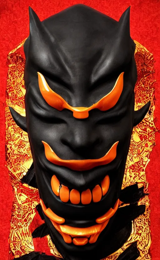 Prompt: a black hannya (般若) mask, kintsugi, dramatic angle, ornate, details, smooth, sharp focus, illustration, realistic, cinematic, artstation, award winning, rgb , unreal engine, octane render, cinematic light, macro, depth of field, blur, red light, 8K,