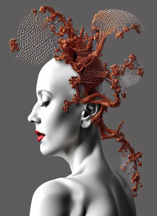 Image similar to complex 3d render ultra detailed of a beautiful porcelain profile woman face, mechanical cyborg, silver gold details, 150 mm, beautiful natural soft light, rim light, ghost orchid big leaves and stems, roots, fine foliage lace, maze like, mesh wire, intricate details, hyperrealistic, ultra detailed, red lips, mandelbrot fractal, anatomical, white metal neocubism armor, facial muscles, cable wires, microchip, elegant, octane render, H.R. Giger style, 8k