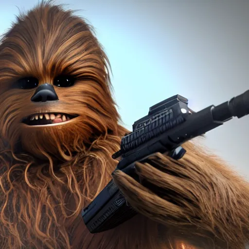 Image similar to Chewbacca in Call of Duty, highly detailed, high quality, HD, 4k, 8k, Canon 300mm, professional photographer, 40mp, lifelike, top-rated, award winning, realistic, sharp, no blur, edited, corrected, trending