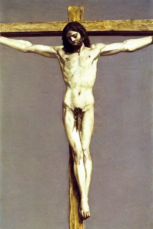 Image similar to jesus christ crucified painted by cy twombly and andy warhol