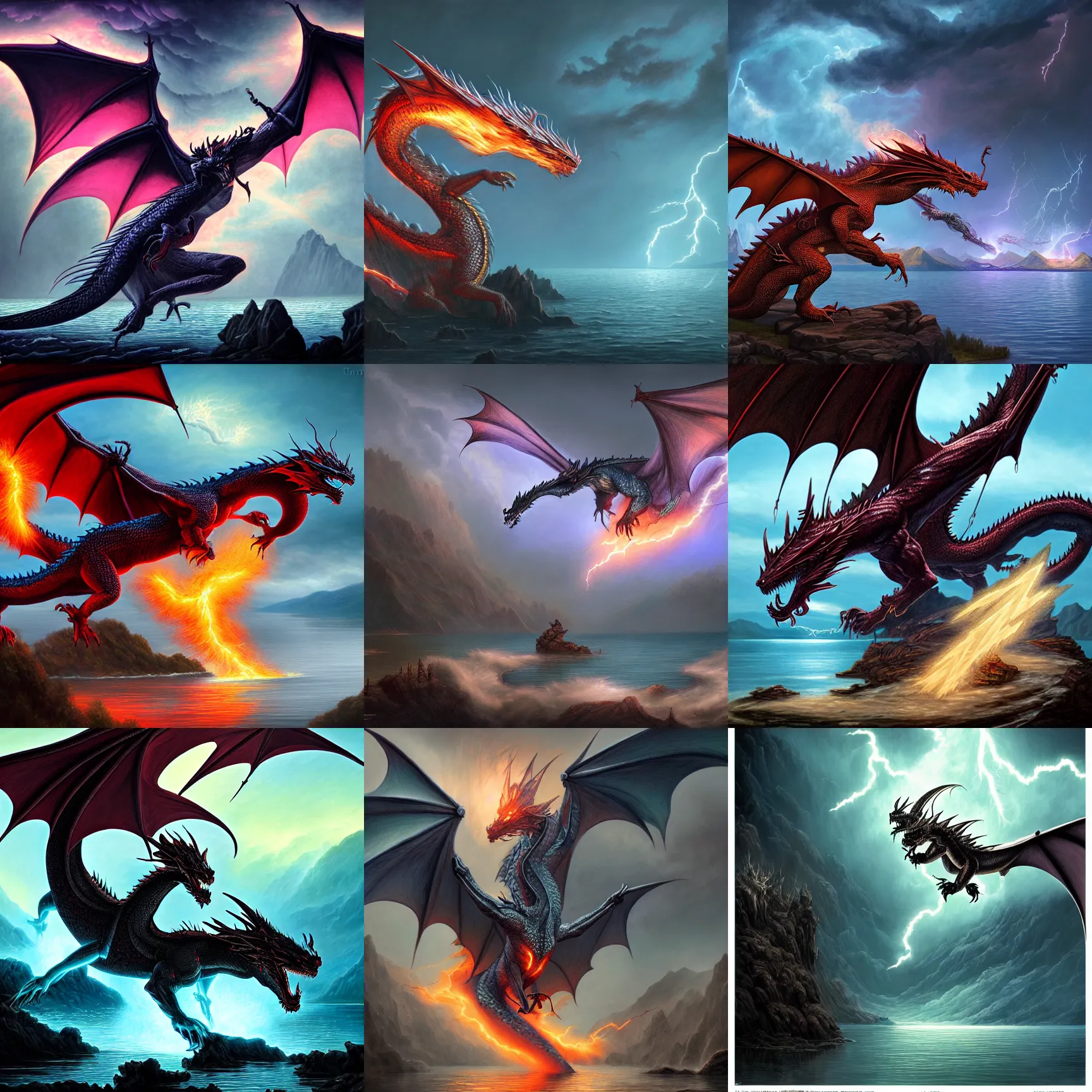 Prompt: dragon ghost, lightning, lake background, gerald brom, hyper detailed, 8 k, fantasy, dark, grim