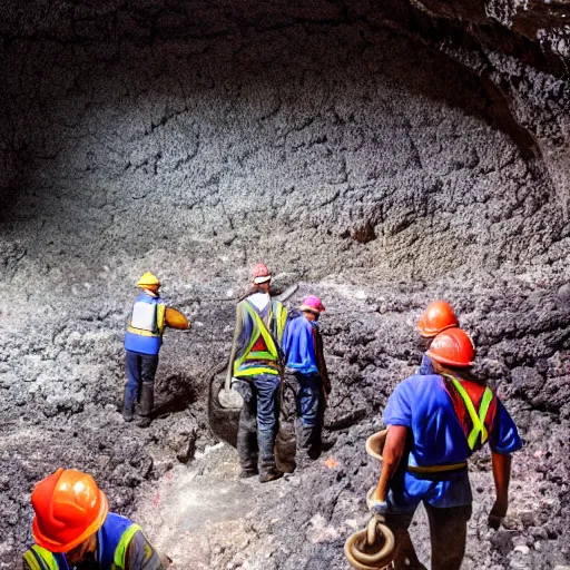 Image similar to photograph of workers mining for black opal in a large cavern, ethereal, shining rocks, award winning