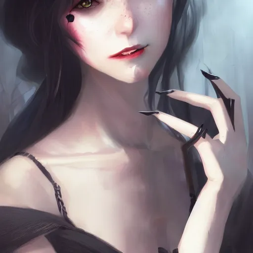 Image similar to female human vampire witch in the style of greg rutkowski, makoto shinkai, trending on artstation, character design, concept art, pretty face, highly detailed, long black hair, portrait, digital art