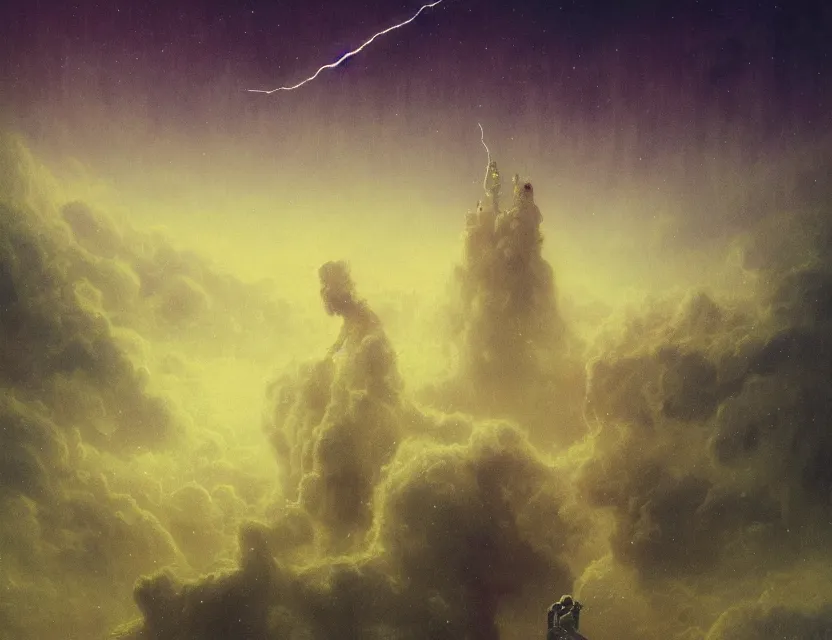 Prompt: a space laces kind of poster cinematic sci - fi scene portrait and science fiction theme with lightning, aurora lighting. clouds and stars. smoke. futurism. fantasy. by beksinski carl spitzweg and tuomas korpi. baroque elements. oil painting. dramatic. artstation. 8 k