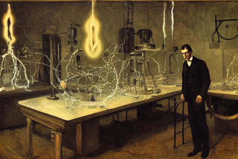 Prompt: Nikola Tesla in his science electric laboratory, with arms open between two tesla coils working, ultra detailed painting, wide angle lens, painted by Gustave Courbet