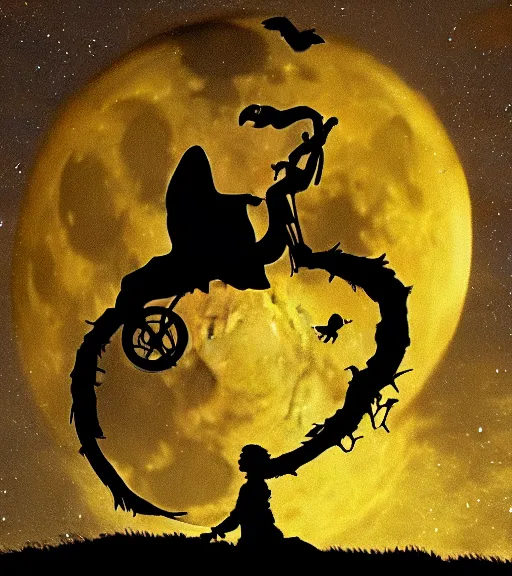 Prompt: a witch with a pointy hat is riding a flying bike across the full moon as silhouette, from the movie e. t. the extra terrestrial, with dark trees in foreground, cinematic frame by steven spielberg, hd