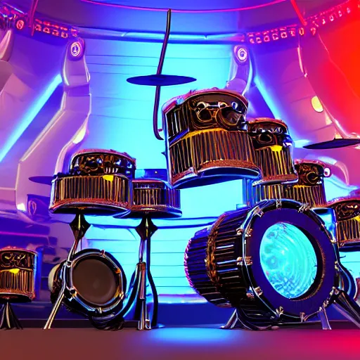 Image similar to huge robotic drumset on a stage with a golden shiny electric guitar amp, the drumset is futuristic steampunk style with gears and tubes, 8 k, fluorescent colors, halluzinogenic, multicolored, exaggerated detailed, unreal engine - h 7 6 8