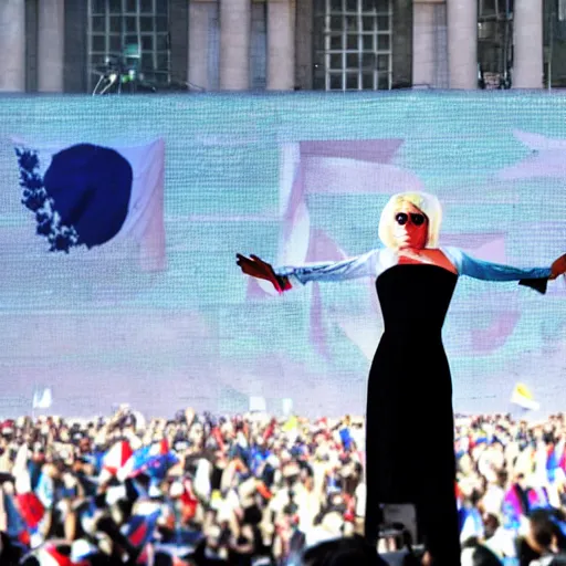 Image similar to Lady Gaga as President, Argentina presidential rally, Argentine flags behind, bokeh, epic photo, detailed face, Argentina