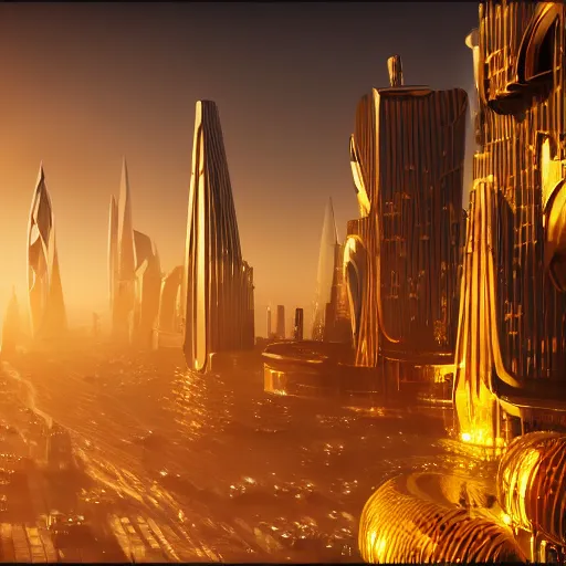 Prompt: a golden fantasy sci - fi luxurious city with cerulean oceansides, scandinavian / norse influenced, cinematic, ray traced, octane render, cinematic lighting, ultrarealistic, featured on artstation, 8 k uhd artwork