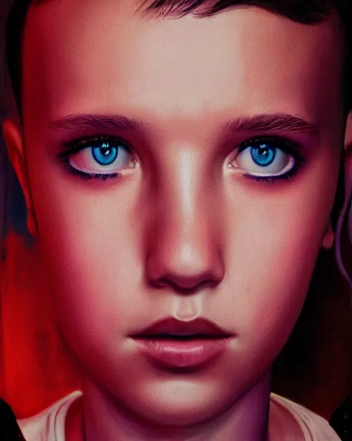 Image similar to Poster Portrait of Millie Bobby Brown with electric eyes, dramatic lighting